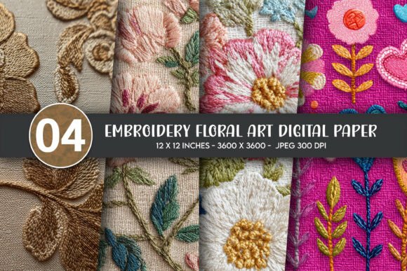Embroidery Floral Art Digital Paper