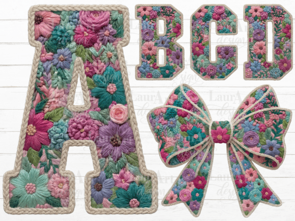 Faux Embroidery Floral Alphabet Bow PNG Review