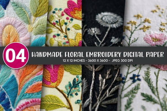 Handmade Floral Embroidery Digital Paper
